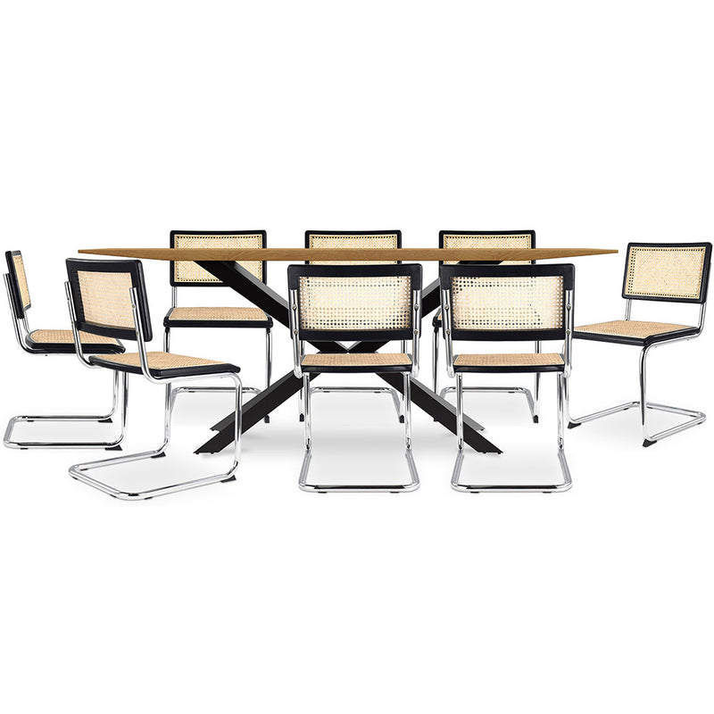 Conjunto de mesa de madeira industrial (220cm) e 8 cadeiras de rattan entrançado - Bruna