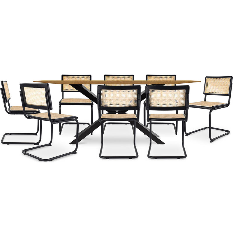 Conjunto de mesa de madeira industrial (220cm) e 8 cadeiras de rattan entrançado e madeira preta - Bastral