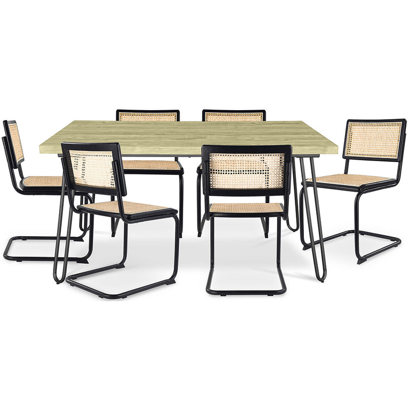 Conjunto de mesa de jantar Hairpin 150x90 e 6 cadeiras de rattan entrançado preto - Bastral