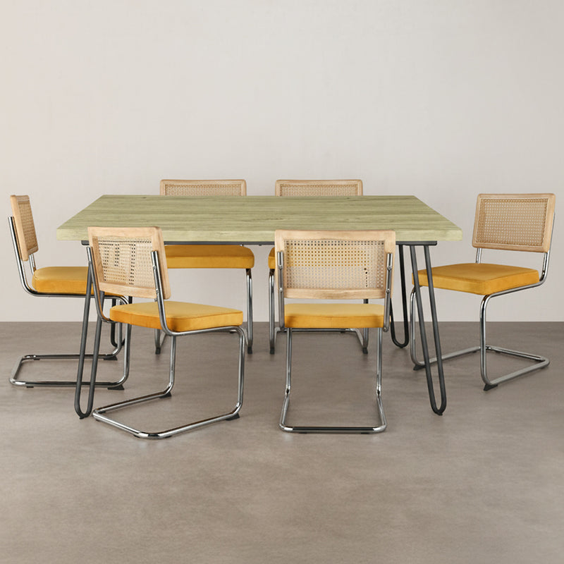 Conjunto de mesa de jantar Hairpin 150x90 e 6 cadeiras de rattan entrançado preto e veludo - Martha