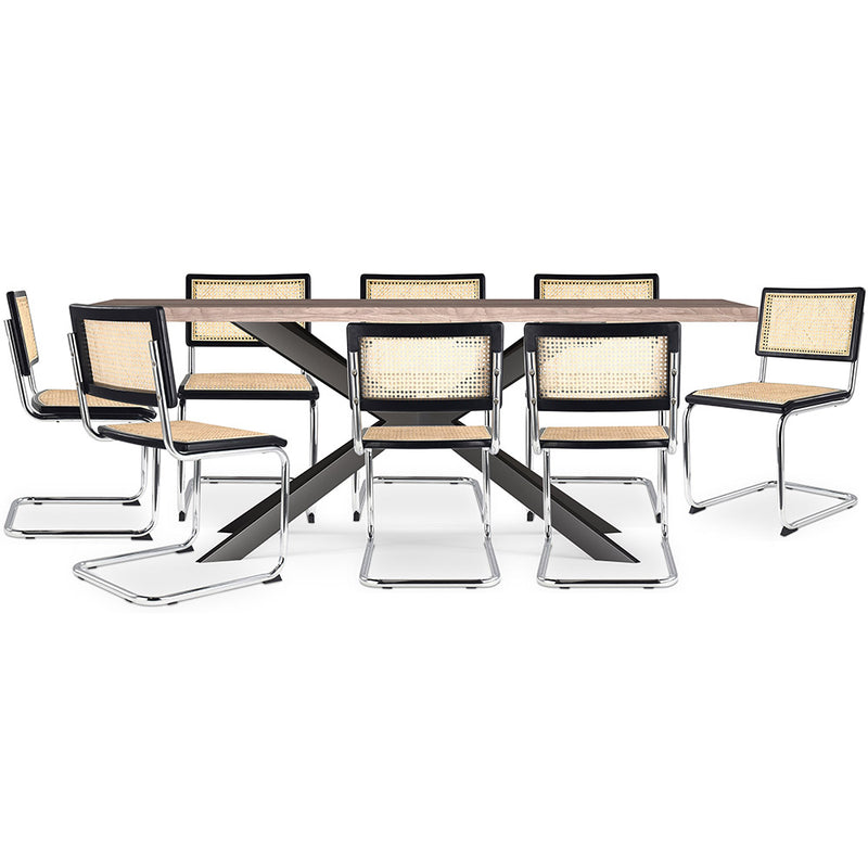 Pack Industrial Wooden Table (200cm) & 8 Rattan Mesh Chairs - Bruna