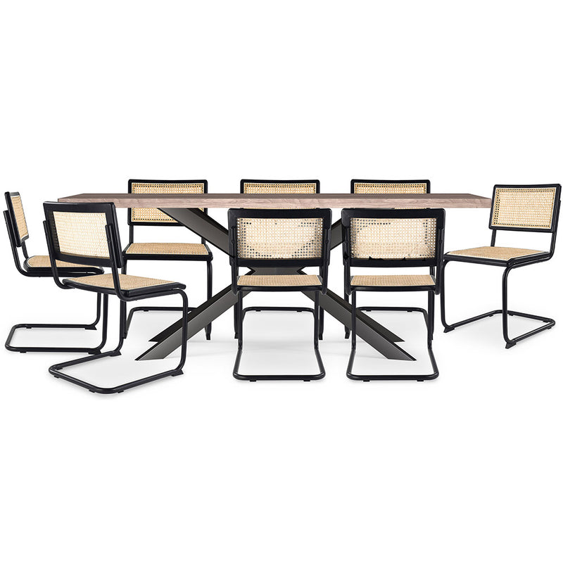 Conjunto de mesa de madeira industrial (200cm) e 8 cadeiras de rattan entrançado e madeira preta - Bastral