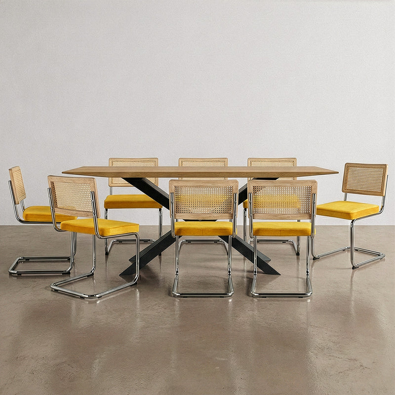 Conjunto de mesa de madeira industrial (200cm) e 8 cadeiras de rattan e veludo entrançado - Martha