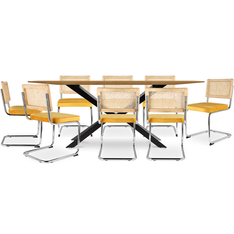 Conjunto de mesa de madeira industrial (220cm) e 8 cadeiras de rattan e veludo entrançado - Martha