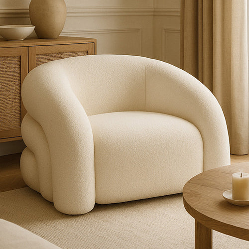 Modern Armchair Upholstered In Cream White Bouclé Fabric – Curved And Comfortable Design - Gab