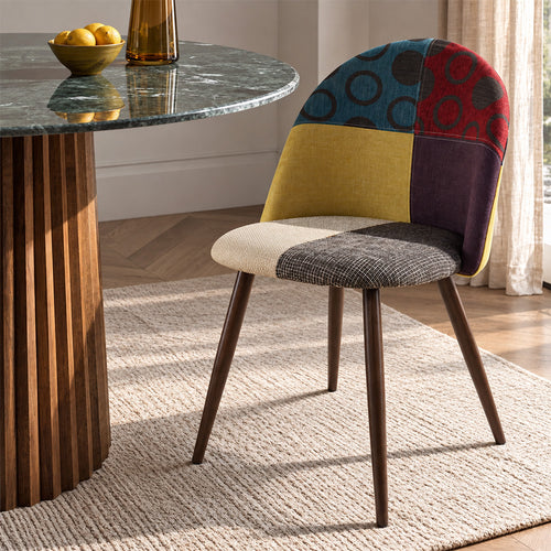 Dining Chair Accent Patchwork Upholstered Scandi Retro Design Dark Wooden Legs - Evelyne Ray