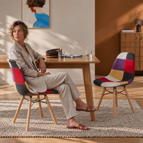 Dining Chair - Patchwork Upholstery - Scandinavian Design and Wooden Legs - Skögur