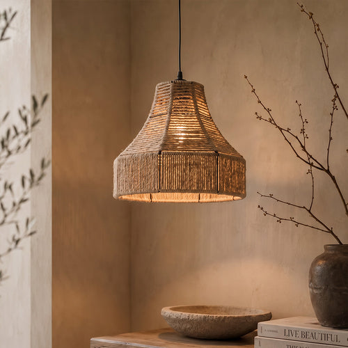 Pendant Light Natural Rope and Metal – Boho Style – Handcrafted Design – Lorena