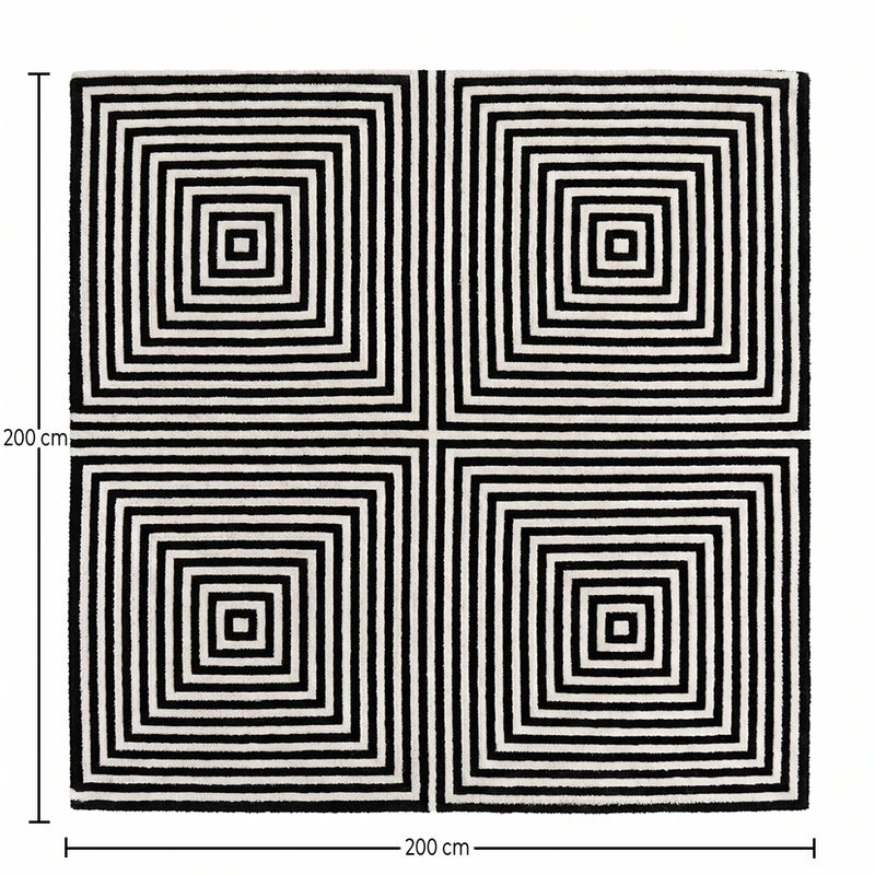 Vierkant wollen vloerkleed – geometrisch zwart-witdesign – 200 x 200 cm – Pymer