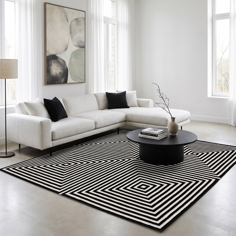 Vierkant wollen vloerkleed – geometrisch zwart-witdesign – 200 x 200 cm – Pymer