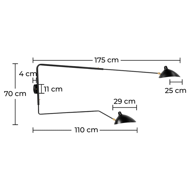 Lámpara de pared de dos brazos en hierro negro con pantallas de latón, aplique moderno y minimalista para salones y dormitorios