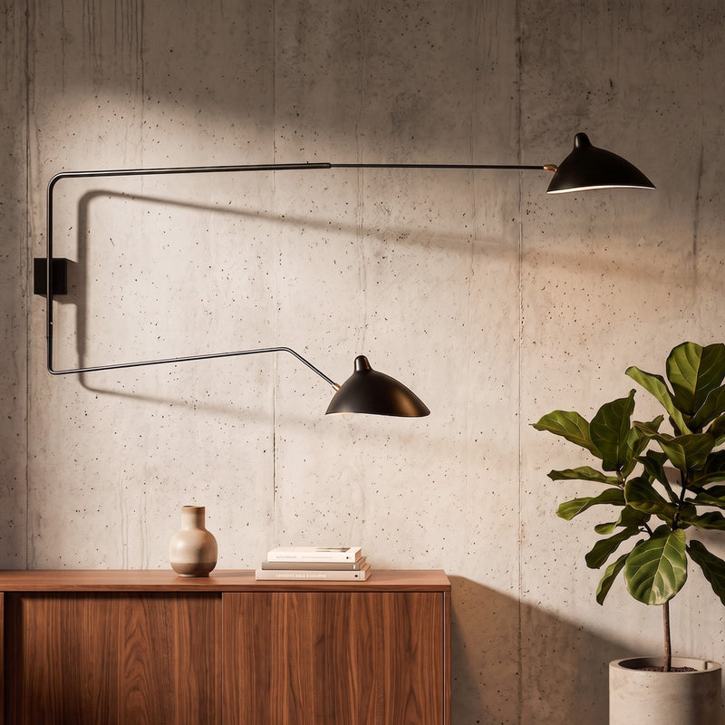 Lámpara de pared de dos brazos en hierro negro con pantallas de latón, aplique moderno y minimalista para salones y dormitorios
